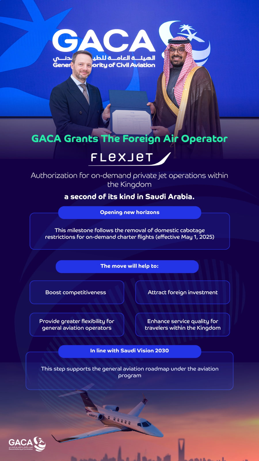 GACA Grants FlexJet a Foreign Operator Certificate, Authorising Private On-Demand Aircraft Operations Within the Kingdom