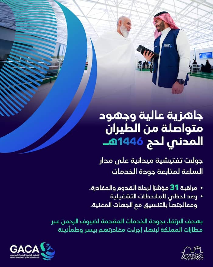 "الطيران المدني" يُخصص فرقًا رقابية لمتابعة جودة الخدمات المقدمة لضيوف الرحمن