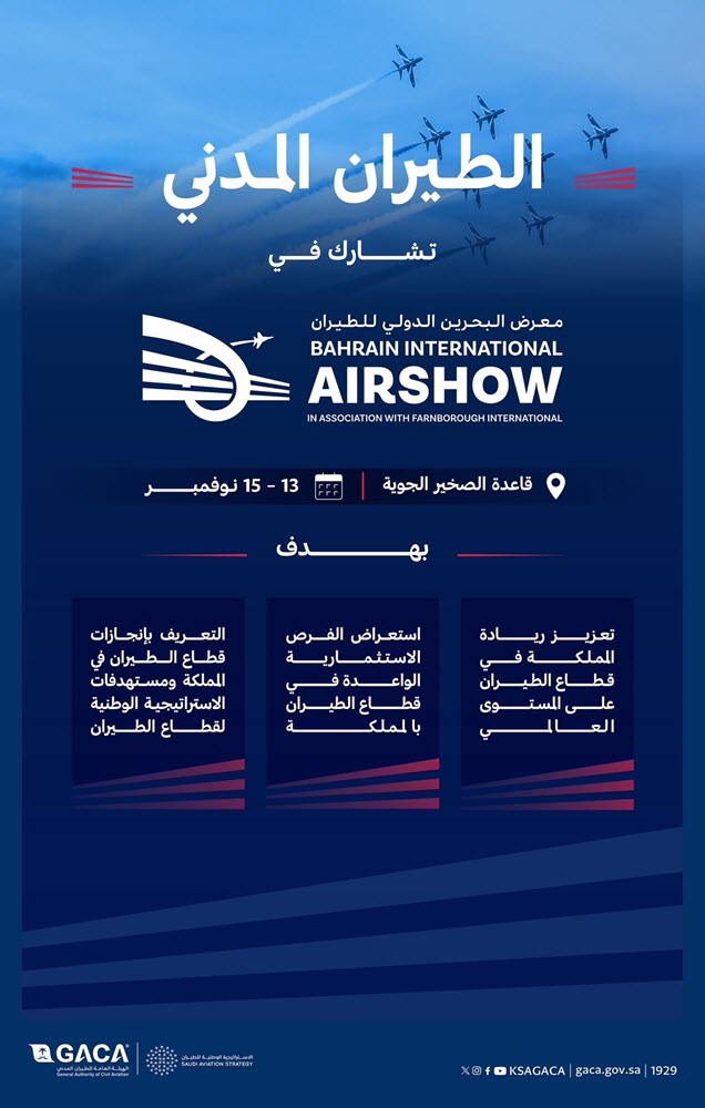 GACA will participate tomorrow in the Bahrain International Airshow 2024